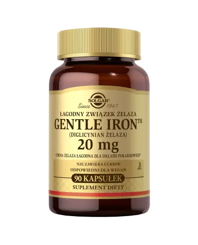 Solgar Gentle Iron (diglicynian żelaza) 20 mg, 90 kapsułek - Forma żelaza łagodna dla układu pokarmowego