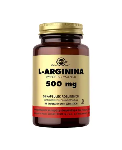 Solgar L-Arginina (w wolnej postaci) 500 mg, 50 kapsułek - Odpowiednie dla wegan kapsułki bez cukru, soli i skrobi