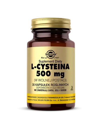 Solgar L-Cysteina 500 mg (w wolnej postaci), 30 kapsułek - Kapsułki roślinne. Suplement odpowiedni dla wegan.