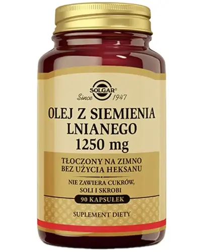 Solgar Olej z siemienia lnianego 1250 mg, 90 kapsułek - Olej z siemienia lnianego tłoczony na zimno bez użycia heksanu