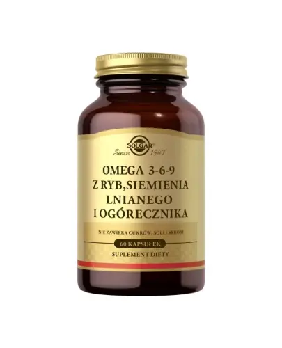 Solgar Omega 3-6-9 z ryb, siemienia lnianego i ogórecznika, 60 kapsułek - Żelowe kapsułki z kwasami omega