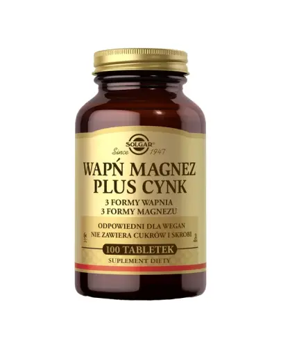 Solgar Wapń Magnez Plus Cynk, 100 tabletek - 3 formy wapnia. 3 formy magnezu