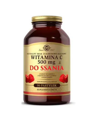 Solgar Witamina C do ssania 500 mg smak żurawinowo- malinowy, 90 pastylek do ssania - Odpowiednie dla wegan owocowe pastylki do ssania z witaminą C