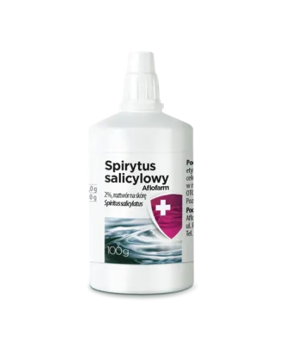 Spirytus salicylowy Aflofarm Roztwór na skórę, 100g - Do stosowania w celu odkażenia jej po otarciach naskórka, w trądziku i łojotoku