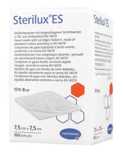 Sterilux ES kompresy z gazy bawełnianej 7,5 cm x 7,5 cm, 100 sztuk