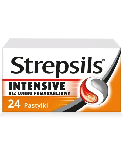 Strepsils Intensive bez cukru pomarańczowy,  24 pastylki - Pastylki do ssania o działaniu przeciwbólowym na gardło