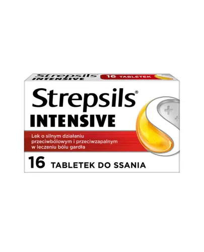 Strepsils Intensive tabletki do ssania, 16 sztuk  - Tabletki do ssania o silnym działaniu  przeciwbólowym i przeciwzapalnym w leczeniu bólu gardła