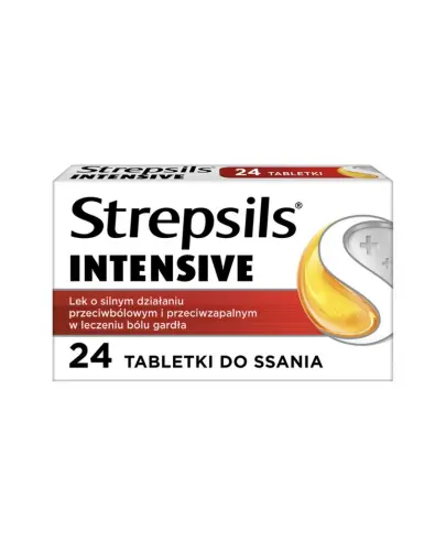 Strepsils Intensive, łagodzące ból, 24 tabletki do ssania - Tabletki do ssania o silnym działaniu przeciwbólowym i przeciwzapalnym w leczeniu bólu gardła