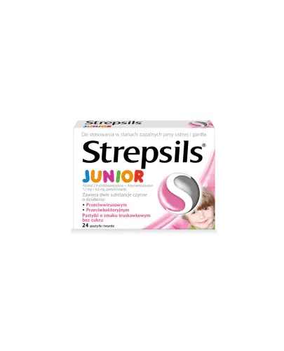 Strepsils Junior tabletki do ssania, 24 sztuki  - Tabletki do ssania stosowane w objawowym leczeniu stanów zapalnych jamy  ustnej i gardła