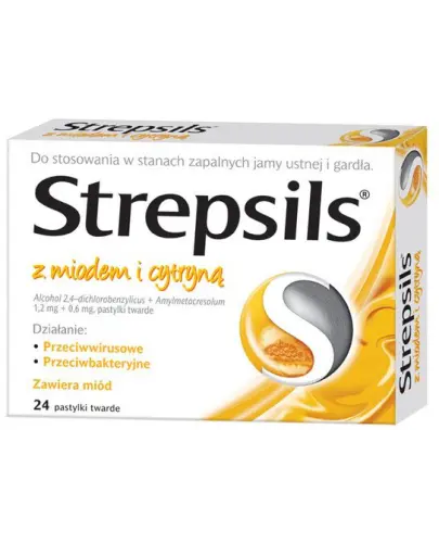 Strepsils z miodem i cytryną, 24  pastylki twarde - Pastylki do ssania w objawowym leczeniu stanów zapalnych jamy ustnej i gardła