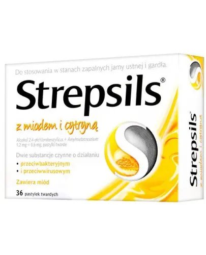 Strepsils z miodem i cytryną, 36  pastylek twardych - Pastylki do ssania w objawowym leczeniu stanów zapalnych jamy ustnej i gardła