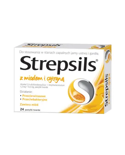 Strepsils z miodem i cytryną pastylki do ssania, 24 sztuk - Pastylki do ssania stosowane w objawowym leczeniu stanów zapalnych jamy ustnej i gardła