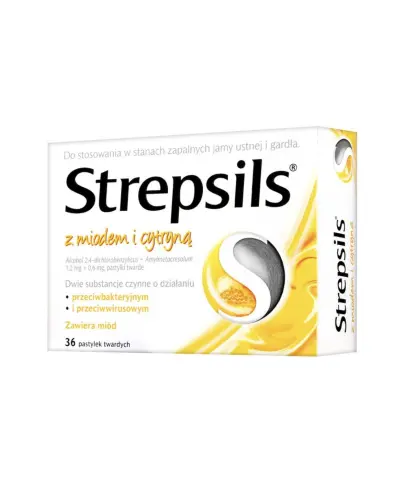 Strepsils z miodem i cytryną pastylki do ssania, 36 sztuk  - Pastylki do ssania stosowane w objawowym leczeniu stanów zapalnych jamy ustnej i gardła