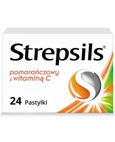 Strepsils pomarańczowy z witaminą C,  24 pastylki do ssania - Na ból gardła