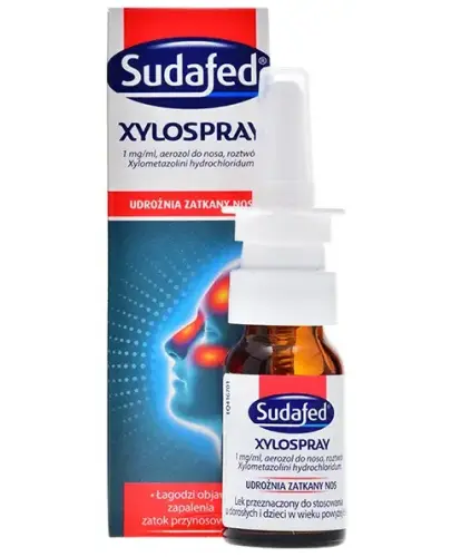 Sudafed XyloSpray 1 mg/ ml, aerozol do nosa, 10 ml - Aerozol do nosa, który obkurcza nosa naczynia krwionośne, przez co zmniejsza obrzęk błony  śluzowej nosa.