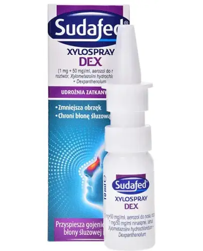 Sudafed Xylospray DEX, aerozol do nosa, 10 ml  - Aerozol do nosa, który obkurcza nosa naczynia krwionośne, przez co zmniejsza obrzęk błony śluzowej nosa oraz chroni błonę śluzową nosa