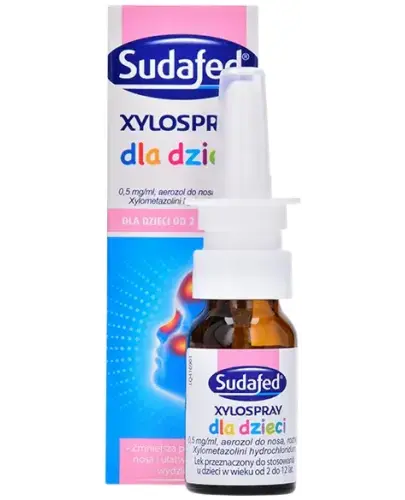 Sudafed XyloSpray dla dzieci, 0,5 mg/ml, aerozol do nosa, 10 ml - Aerozol do nosa, który obkurcza nosa naczynia krwionośne, przez co zmniejsza obrzęk błony śluzowej nosa. 