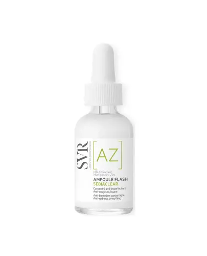 SVR Sebiaclear [AZ] Ampoule Flash Skoncentrowane serum, 30 ml  - Receptura o wysokiej tolerancji zawiera 81% składników pochodzenia naturalnego oraz składniki aktywne o szerokim działaniu