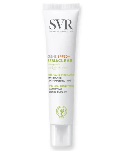 SVR Sebiaclear SPF 50+ Krem ochronny do skóry trądzikowej,  40 ml - W jednym produkcie łączy w sobie ochronę przeciwsłoneczną i krem pielęgnujący skórę trądzikową