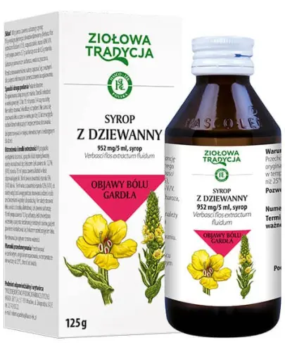 Syrop z dziewanny Ziołowa Tradycja, 125 g - Syrop  stosowany w łagodzeniu objawów bólu gardła towarzyszących suchemu kaszlowi i przeziębieniu