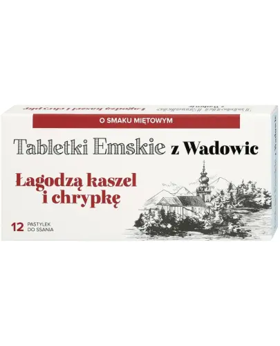 Tabletki Emskie z Wadowic, 12 tabletek do ssania - Pastylki o smaku miętowym, łagodzą kaszel i chrypkę