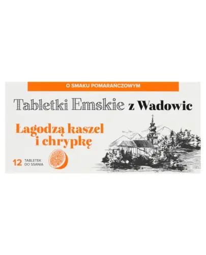 Tabletki Emskie z Wadowic, 12 tabletek o smaku pomarańczowym - Łagodzą kaszel i chrypkę