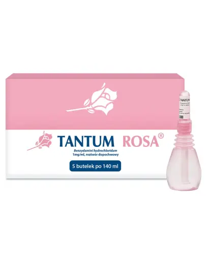 Tantum Rosa roztwór dopochwowy, 140 ml x 5 butelek - Roztwór przeciwzapalny i przeciwbólowy o działaniu miejscowo znieczulającym i odkażającym