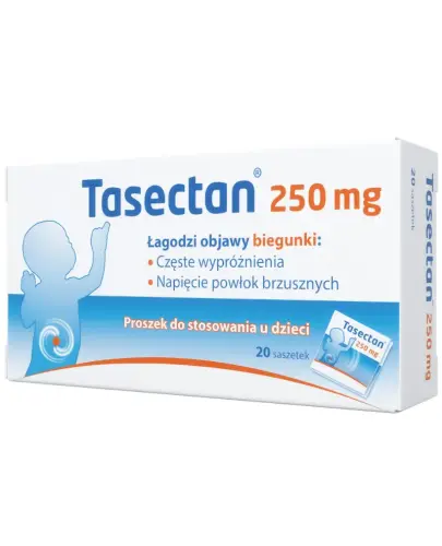 Tasectan 250 mg, proszek, 20 saszetek - Saszetki z taninianem żelatyny, zmniejszaj częstotliwość i czas trwania biegunki