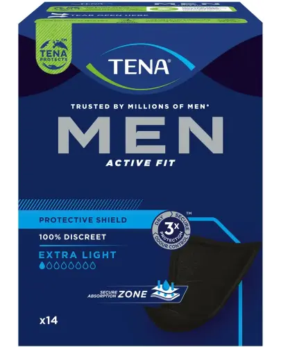 Tena Men Active Fit Extra Light, wkładki anatomiczne dla mężczyzn, 14 sztuk - Wkładki ochronią przed niewielkimi przeciekami, nieprzyjemnym zapachem oraz wilgocią