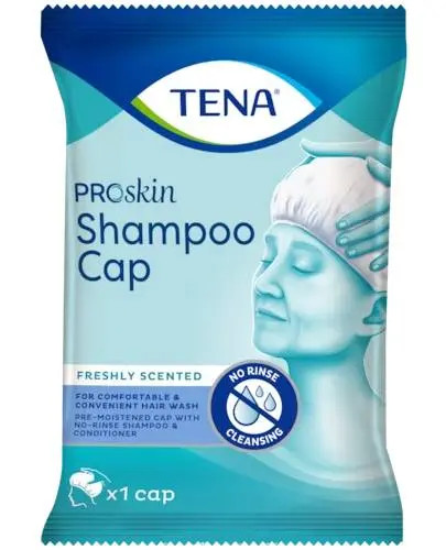 TENA ProSkin Shampoo Cap Czepek do mycia włosów, 1 sztuka - Łagodny szampon z odżywką w czepku jednorazowym