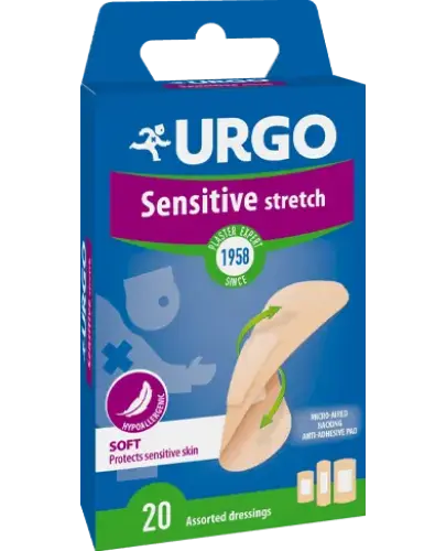 Urgo Sensitive Stretch, zestaw 20 sztuk - Plastry z opatrunkiem do ochrony powierzchownych ran, dla dorosłych oraz dzieci od 1. roku życia