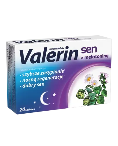 Valerin Sen z melatoniną, tabletki 20 sztuk - Ziołowe tabletki z melatoniną, których składniki wspomagają zdrowy sen i regenerację