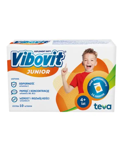 Vibovit Junior, 14 saszetek o smaku pomarańczowym - Proszek z witaminami dla dzieci powyżej 4. go roku życia