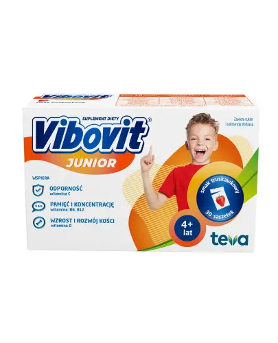 Vibovit Junior, 30 saszetek o smaku truskawkowym - Proszek w saszetkach z witaminami dla dzieci powyżej 4. go roku życia