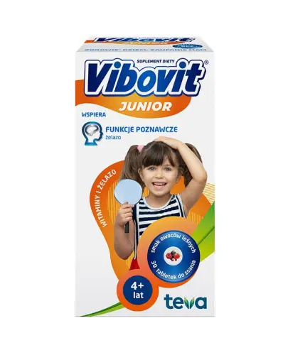 Vibovit Junior, owoce leśne, 30 tabletek do ssania - Witaminy z żelazem dla dzieci od 4. go roku życia o smaku owoców leśnych