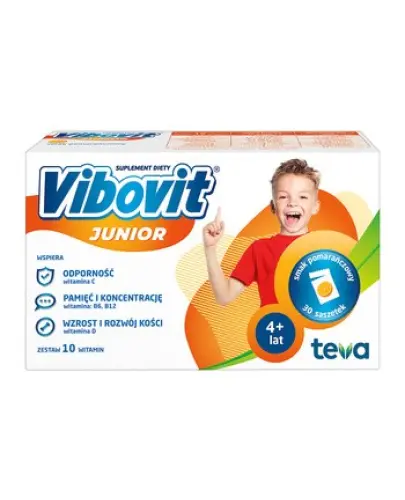 Vibovit Junior, 44 saszetki o smaku pomarańczowym - Proszek z witaminami dla dzieci powyżej 4. go roku życia