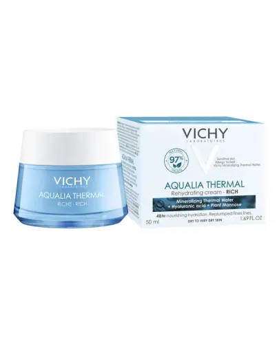 Vichy Aqualia Thermal, bogaty krem do twarzy,  50 ml - Dogłębnie nawadnia skórę, redukuje oznaki odwodnienia i zapewnia komfort skórze