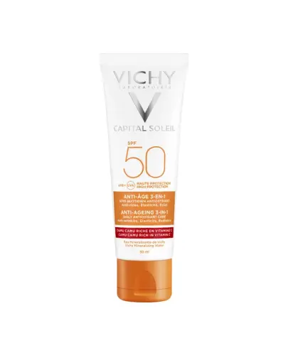 Vichy Capital Soleil Anti-Age 3w1 SPF 50 Krem do twarzy, 50 ml - Ochrona przeciwsłoneczna o działaniu przeciwzmarszczkowym