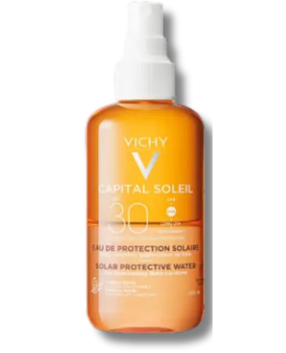 Vichy Capital Soleil SPF 30 Ochronna woda solarna, 200 ml - Ochrona przeciwsłoneczna  z beta-karotenem, przyspiesza opalanie