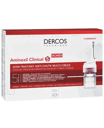 Vichy Dercos Aminexil Clinical 5  kuracja dla kobiet, 6 ml x 21 ampułek - Ampułki z aminexilem na nawracające wypadanie włosów