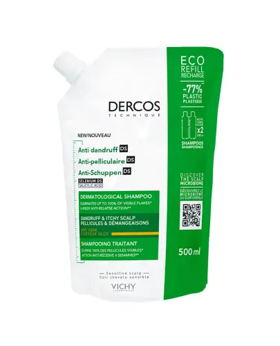 Vichy Dercos Anti Dandruff DS Szampon przeciwłupieżowy włosy suche Eco Refill, 500 ml - Z głęboko oczyszczającą formułą, do włosów suchych