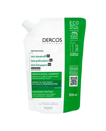 Vichy Dercos Anti Dandruff DS, szampon przeciwłupieżowy Eco Refill, 500 ml  - Z selenem i kwasem salicylowym o działaniu przeciwgrzybiczym i złuszczającym