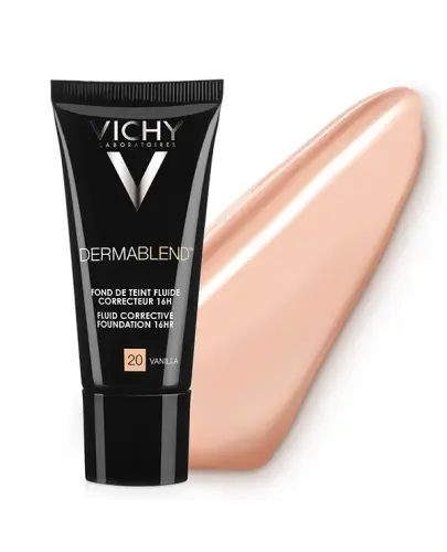 Vichy Dermablend Fluid korygujący o przedłużonej trwałości 20 Vanilla,  30 ml - Tuszuje niedoskonałości, pozostawiając skórę aksamitnie wygładzoną