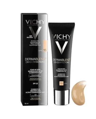 Vichy Dermablend Korekta 3D Podkład wyrównujący powierzchnię skóry nr 15 Opal, 30 ml  - Maskuje niedoskonałości, zapewniając gładką i jednolitą cerę