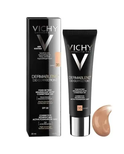 Vichy Dermablend Korekta 3D Podkład wyrównujący powierzchnię skóry nr 35 Sand, 30 ml  - Wyrównuje koloryt skóry, nadając jej naturalny wygląd