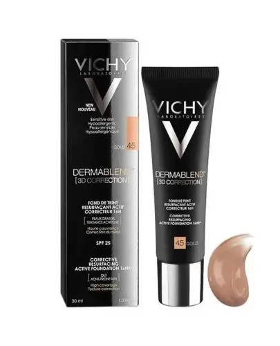 Vichy Dermablend Korekta 3D Podkład wyrównujący powierzchnię skóry nr 45 Gold, 30 ml  - Korekta 3D skóry z niedoskonałościami.