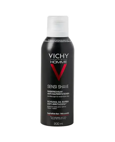 Vichy Homme Sensi Shave łagodna pianka do golenia, 200 ml - Delikatna formuła dba o wrażliwą skórę, eliminując uczucie pieczenia i zaczerwienienie