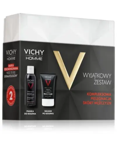 Vichy Homme Sensi Shave pianka do golenia, 200 ml + Sensi Baume Mineral Ca, balsam po goleniu, 75 ml - Zestaw, kompleksowa pielęgnacja skóry mężczyzn