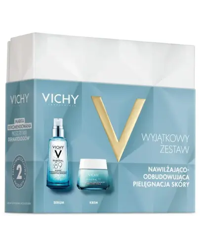 Vichy Mineral 89 Booster serum wzmacniająco-nawilżające, 50 ml + Krem nawilżająco-odbudowujący 100H bogaty, 50 ml - Zestaw nawilżająco – odbudowujący do pielęgnacji skóry twarzy