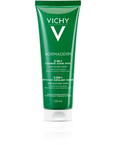 Vichy Normaderm 3w1 żel do mycia, peeling i maseczka oczyszczająca, 125 ml - Oczyszcza, złuszcza, zapobiega błyszczeniu cery